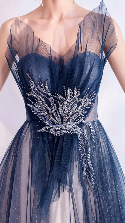 2026 A-line Blue Evening Dress Strapless Organza Long Formal Dress LFNC0150