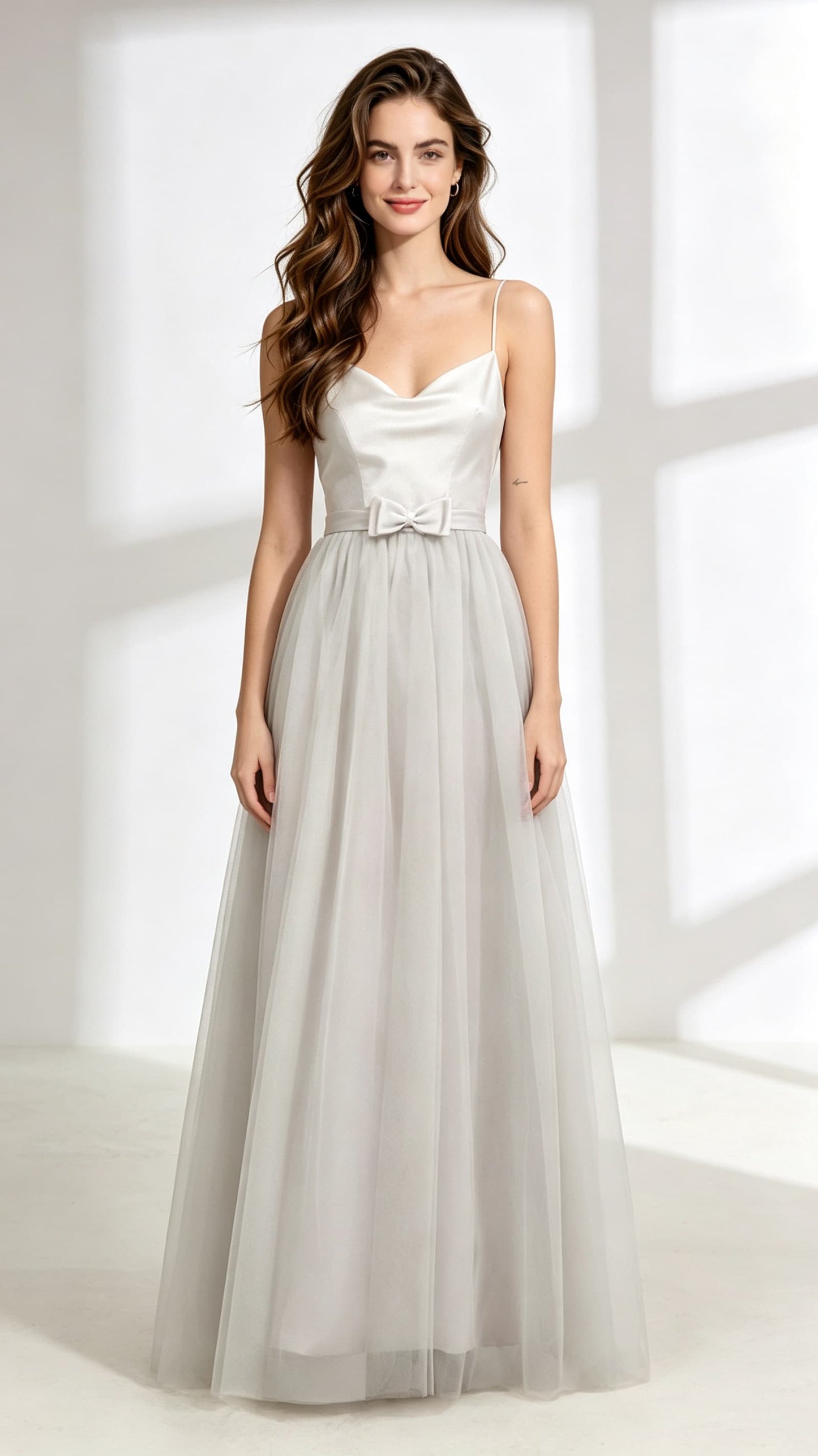 Flowy A-line Grey Evening Dress V Neck Tulle Long Formal Dress LFNL0604
