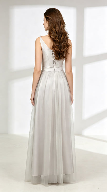Flowy A-line Grey Evening Dress V Neck Tulle Long Formal Dress LFNL0604