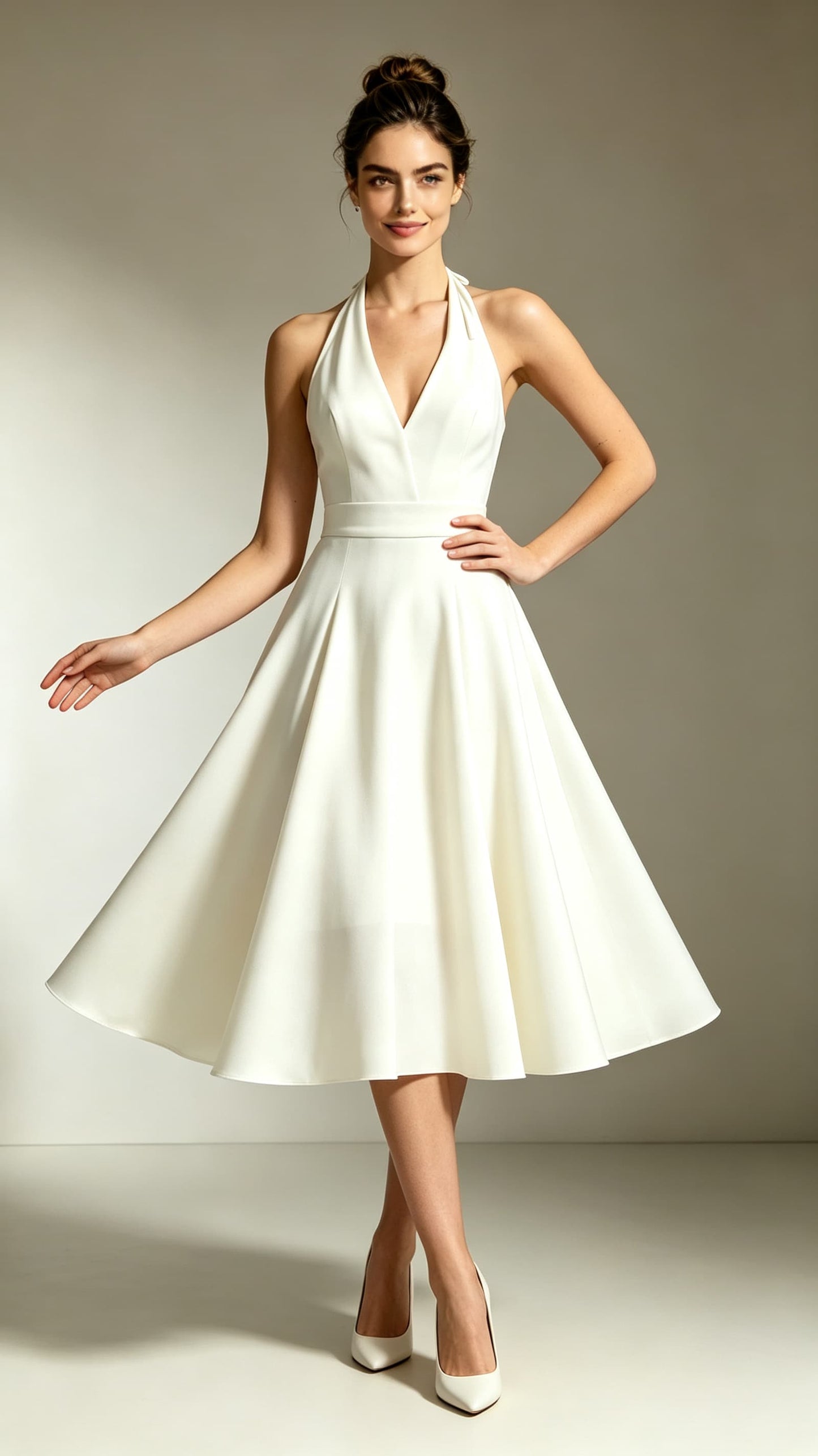 Beautiful tailored A-line Ivory Evening Gowns Halter Polyester Maxi Dress LFNL0757