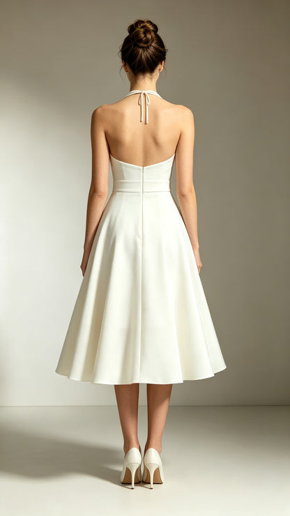 Beautiful tailored A-line Ivory Evening Gowns Halter Polyester Maxi Dress LFNL0757