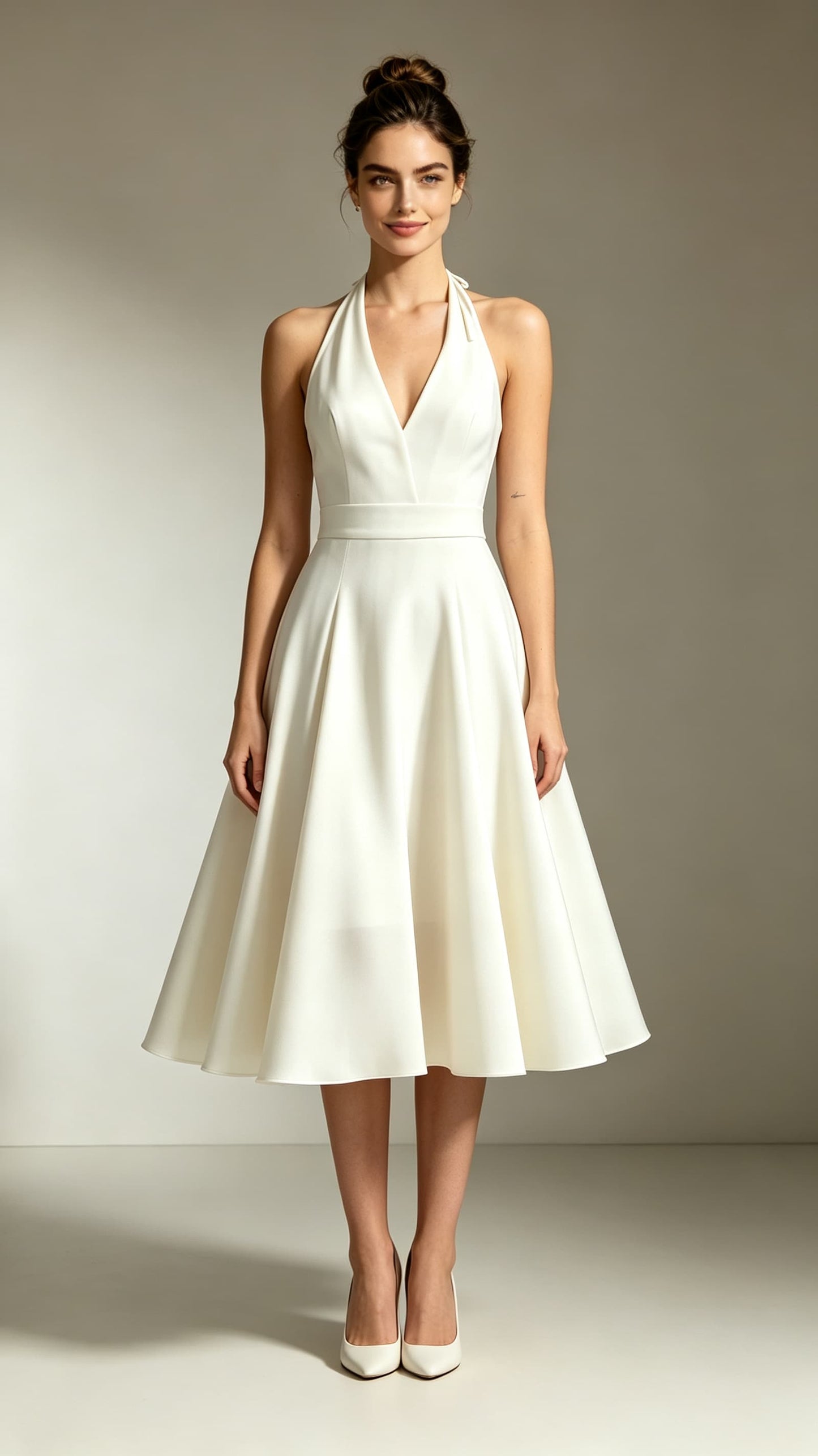 Beautiful tailored A-line Ivory Evening Gowns Halter Polyester Maxi Dress LFNL0757