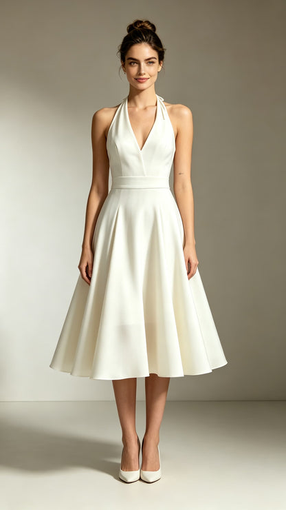 Beautiful tailored A-line Ivory Evening Gowns Halter Polyester Maxi Dress LFNL0757