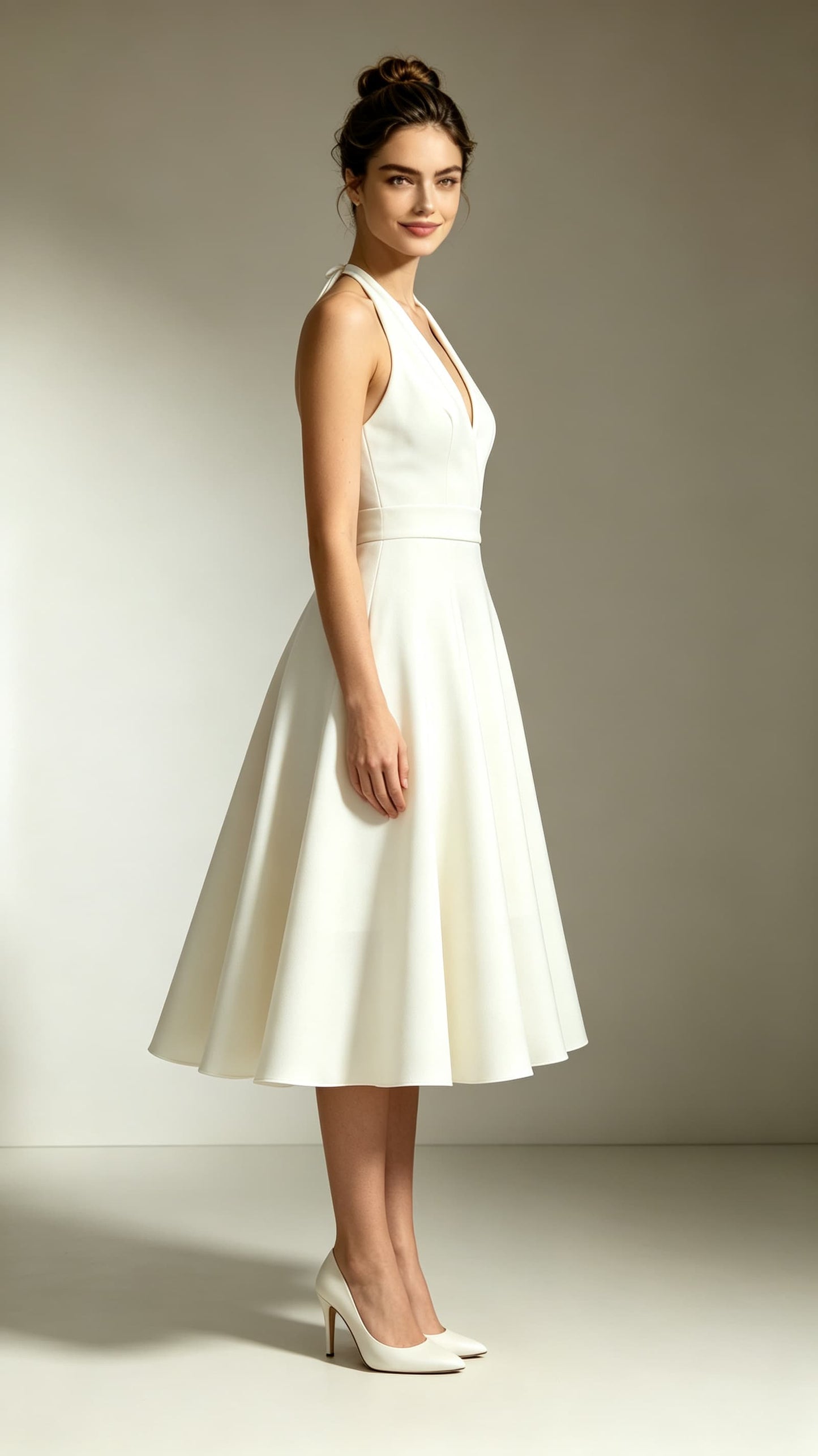 Beautiful tailored A-line Ivory Evening Gowns Halter Polyester Maxi Dress LFNL0757