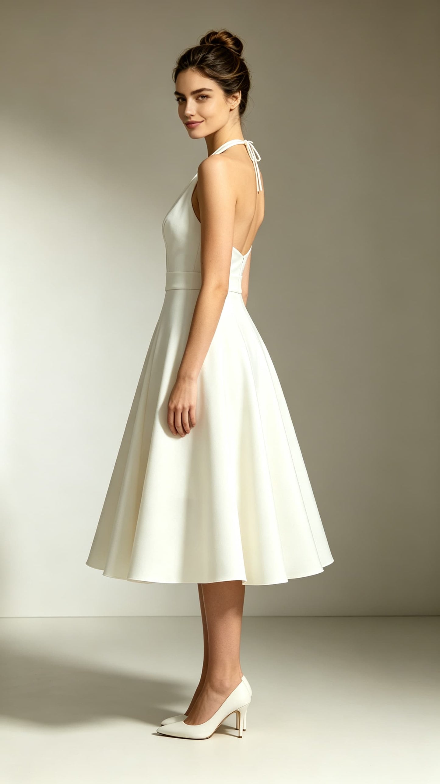 Beautiful tailored A-line Ivory Evening Gowns Halter Polyester Maxi Dress LFNL0757