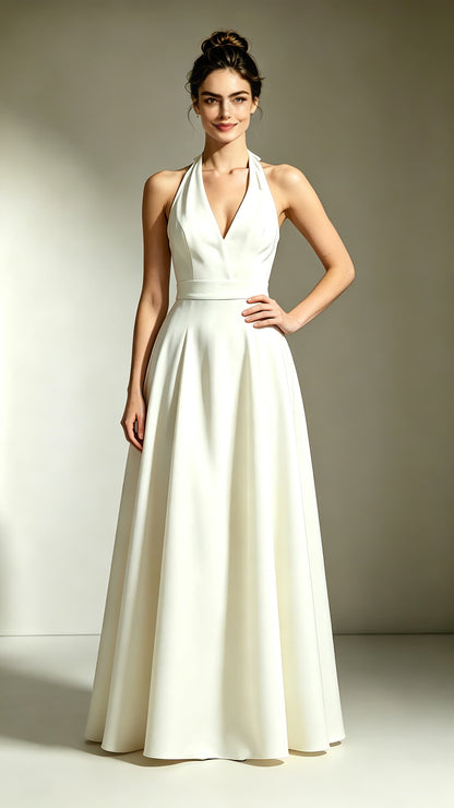 Classy A-line Ivory Evening Gowns Halter Polyester Prom Gowns LFNL0758