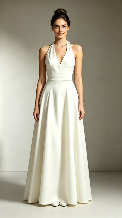 Classy A-line Ivory Evening Gowns Halter Polyester Prom Gowns LFNL0758