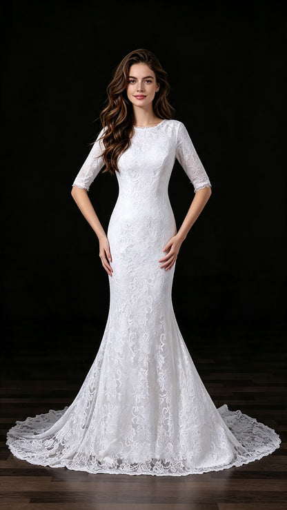 Lightweight Mermaid White Wedding Dress Round neck Lace Long Formal Dress LFNL0677