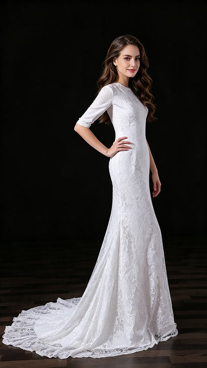 Lightweight Mermaid White Wedding Dress Round neck Lace Long Formal Dress LFNL0677
