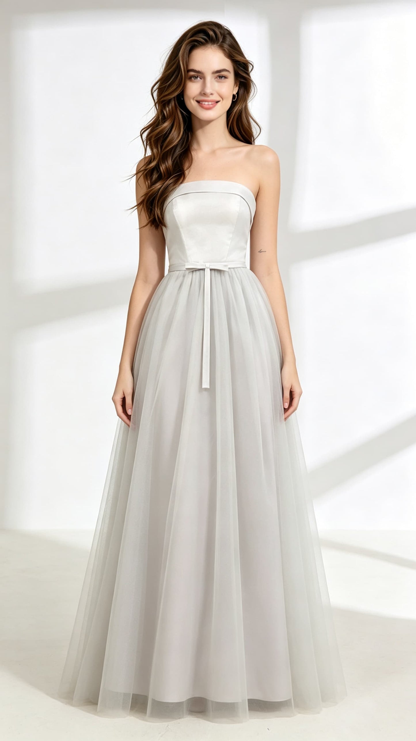Beautiful A-line Grey Evening Dress Strapless Tulle Long Formal Dress LFNL0606