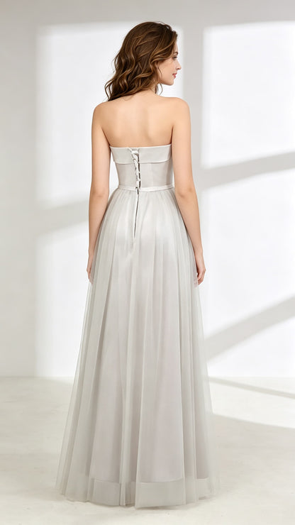 Beautiful A-line Grey Evening Dress Strapless Tulle Long Formal Dress LFNL0606