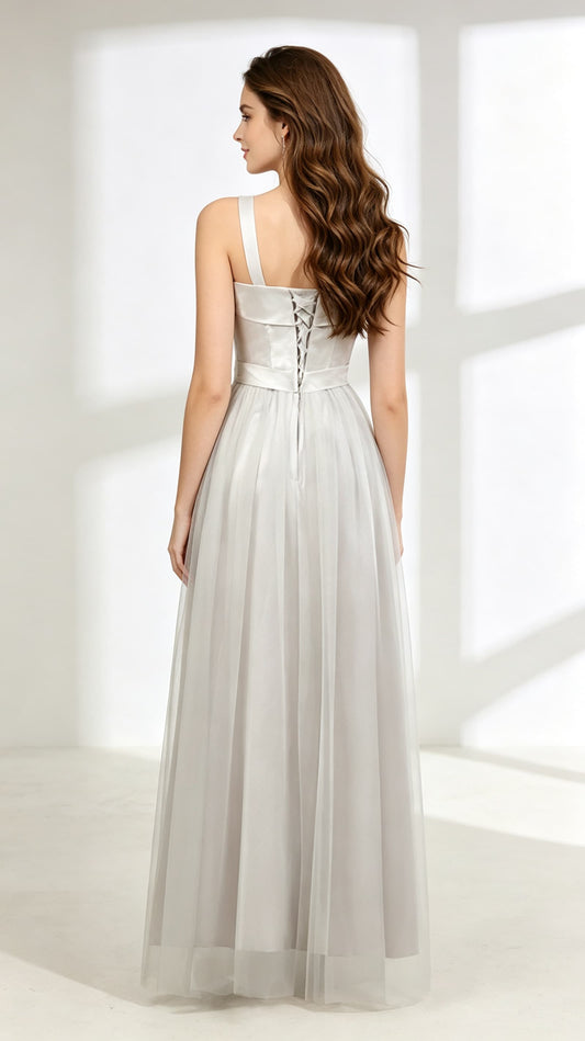Stunning A-line Grey Evening Dress One Shoulder Tulle Long Formal Dress LFNL0607
