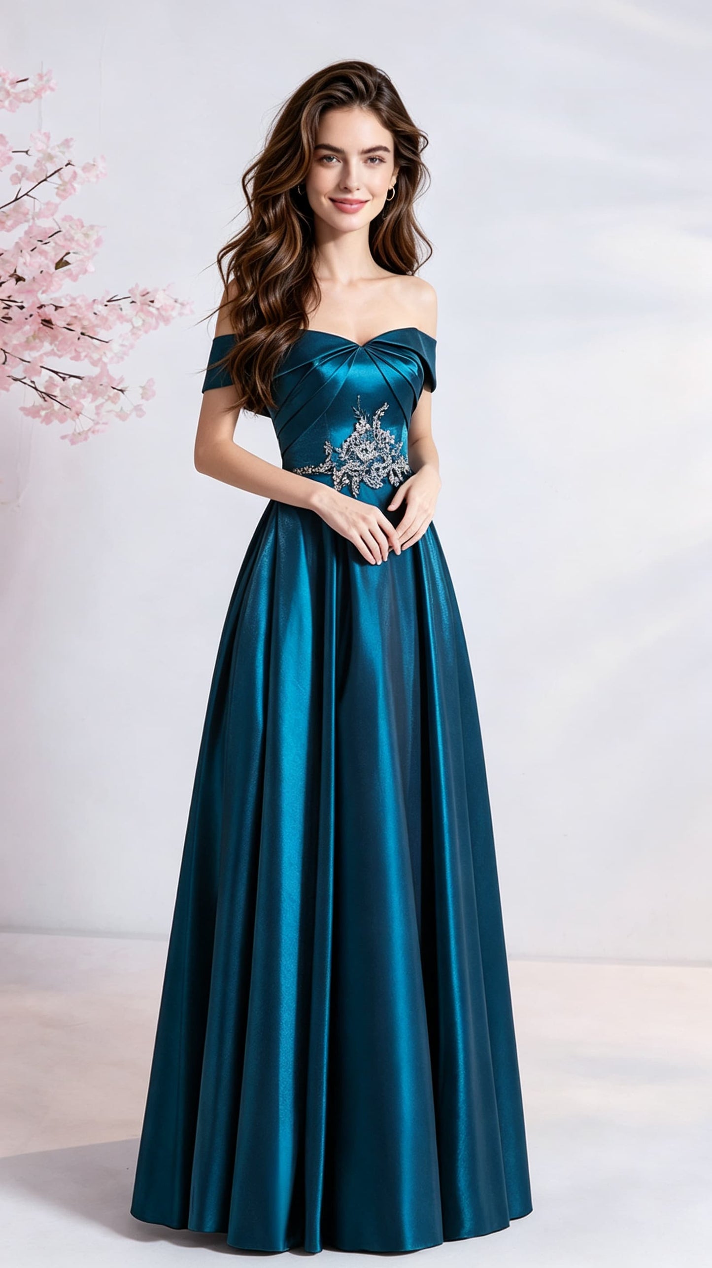 Polished A-line Blue Evening Gowns Off the Shoulder Satin Maxi Dress LFNL0692