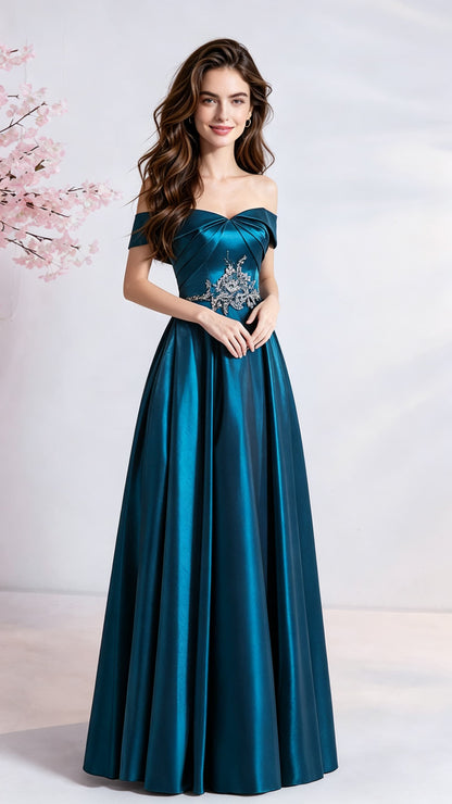 Polished A-line Blue Evening Gowns Off the Shoulder Satin Maxi Dress LFNL0692