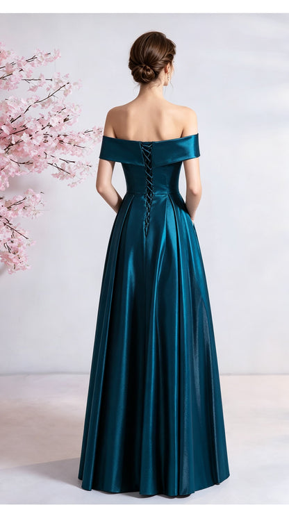 Polished A-line Blue Evening Gowns Off the Shoulder Satin Maxi Dress LFNL0692