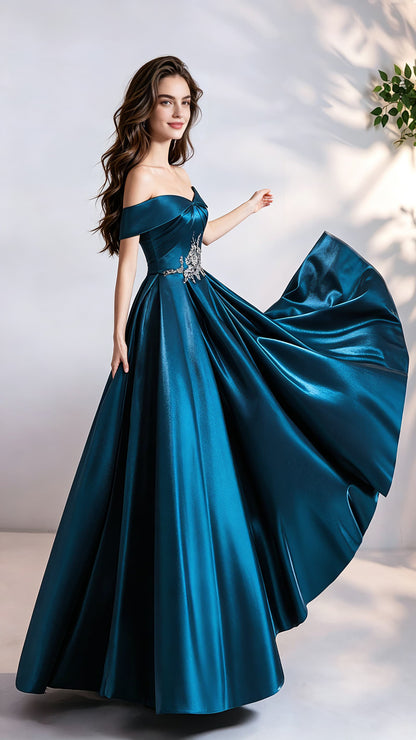 Polished A-line Blue Evening Gowns Off the Shoulder Satin Maxi Dress LFNL0692