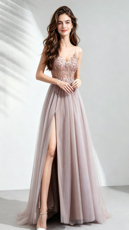 Beautiful tailored A-line Pink Evening Dress Straps Organza Long Formal Dress LFNC0143