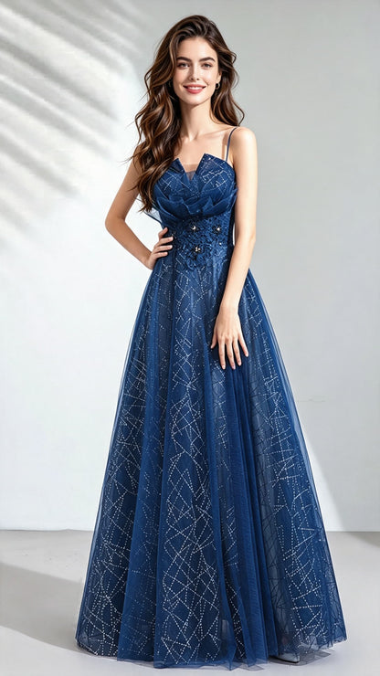 Eye-catching A-line Blue Evening Dress Straps Organza Long Formal Dress LFNC0146