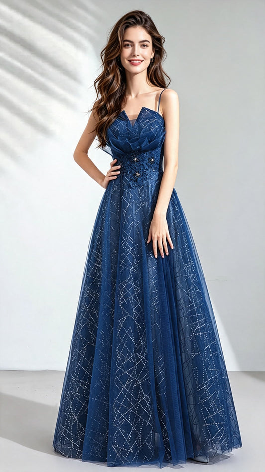Eye-catching A-line Blue Evening Dress Straps Organza Long Formal Dress LFNC0146