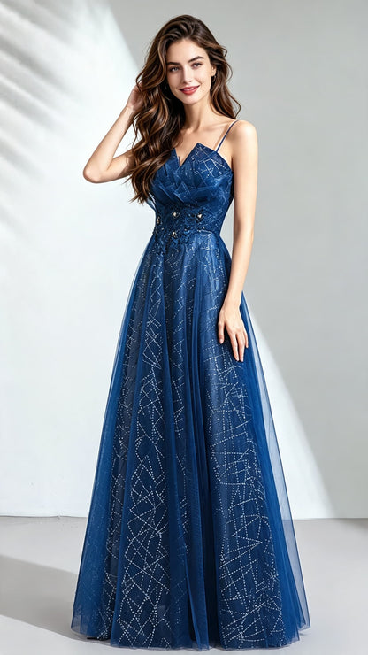 Eye-catching A-line Blue Evening Dress Straps Organza Long Formal Dress LFNC0146