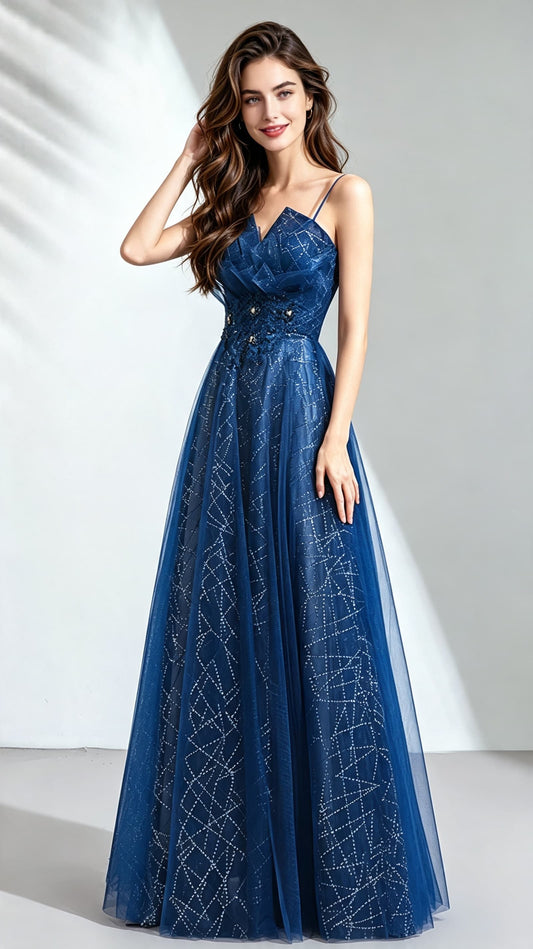 Eye-catching A-line Blue Evening Dress Straps Organza Long Formal Dress LFNC0146