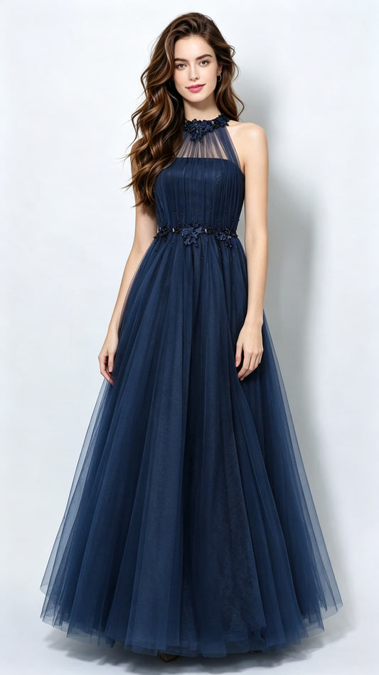 Beautiful tailored A-line Navy Blue Evening Dress Halter Organza Long Formal Dress LFNC0165