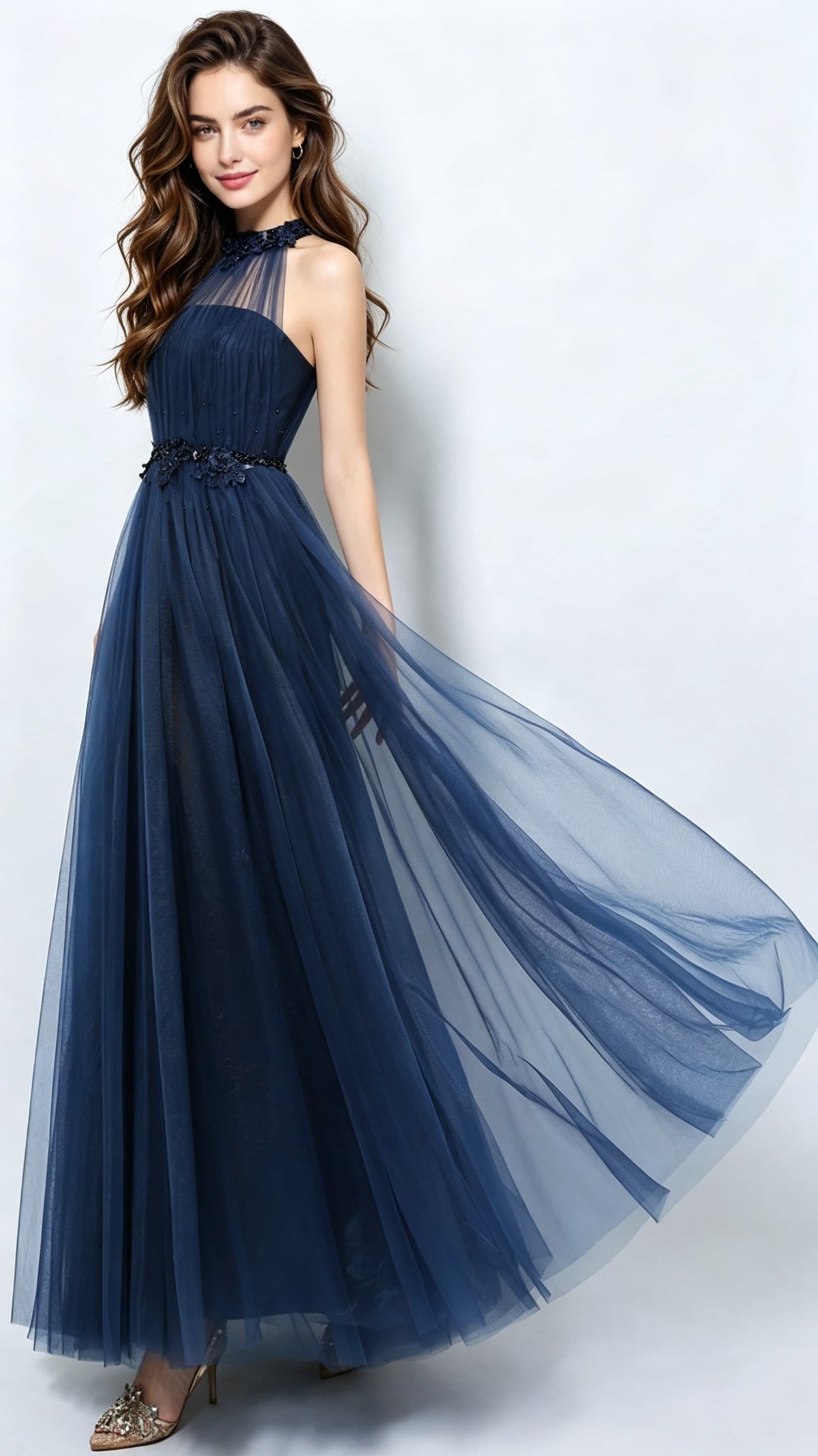 Beautiful tailored A-line Navy Blue Evening Dress Halter Organza Long Formal Dress LFNC0165
