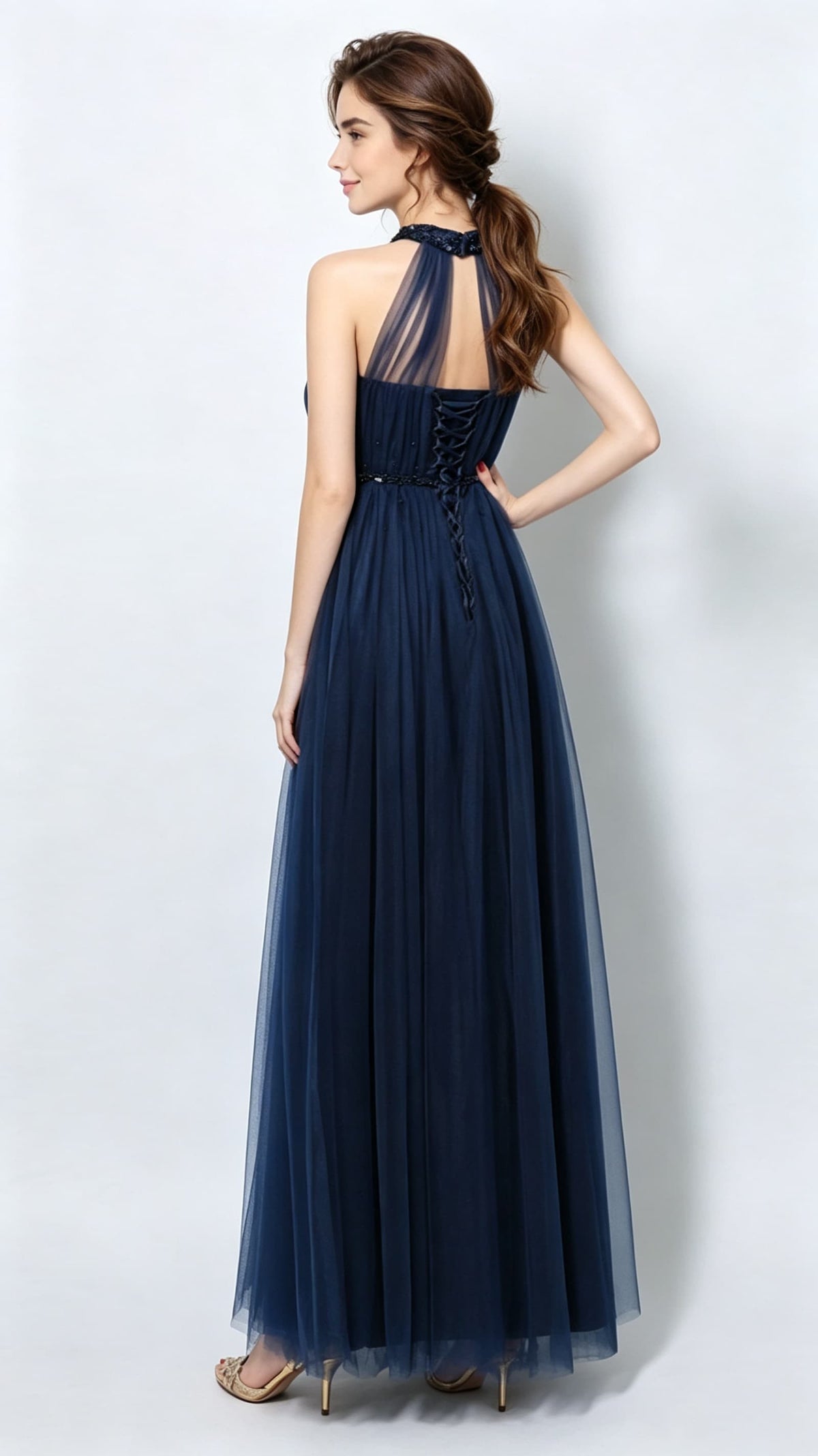 Beautiful tailored A-line Navy Blue Evening Dress Halter Organza Long Formal Dress LFNC0165