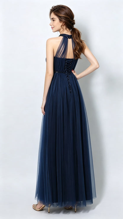 Beautiful tailored A-line Navy Blue Evening Dress Halter Organza Long Formal Dress LFNC0165
