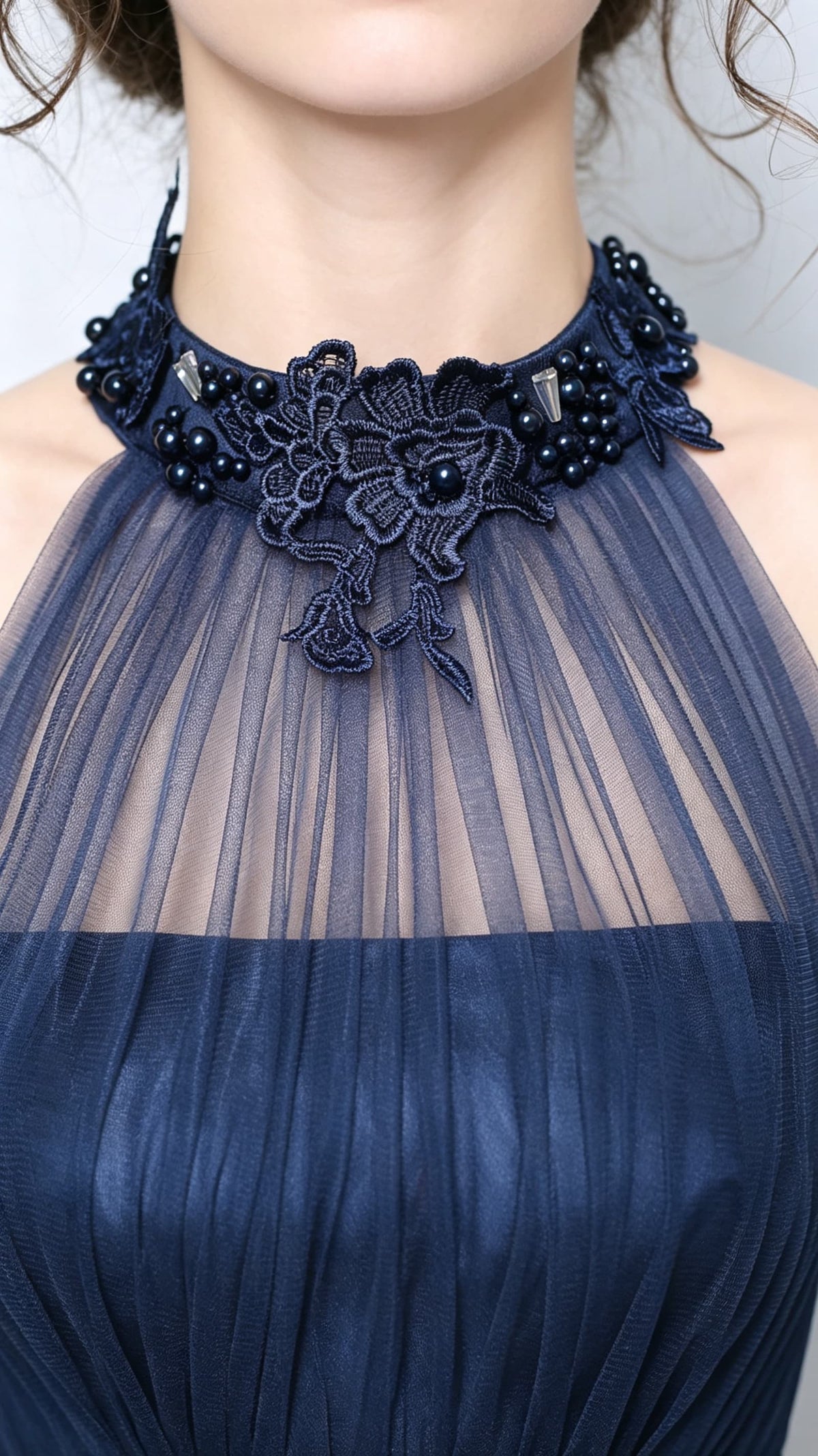 Beautiful tailored A-line Navy Blue Evening Dress Halter Organza Long Formal Dress LFNC0165