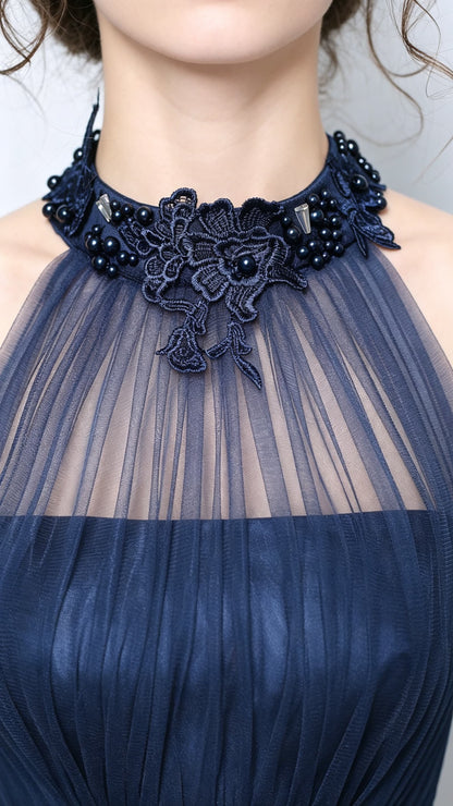 Beautiful tailored A-line Navy Blue Evening Dress Halter Organza Long Formal Dress LFNC0165