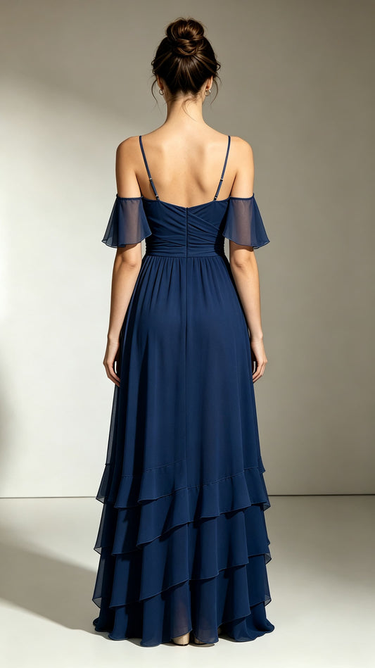 Chic A-line Navy Blue Bridesmaid Gowns Straps Chiffon Maxi Dress LFNL0729