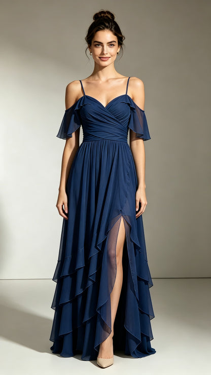 Chic A-line Navy Blue Bridesmaid Gowns Straps Chiffon Maxi Dress LFNL0729