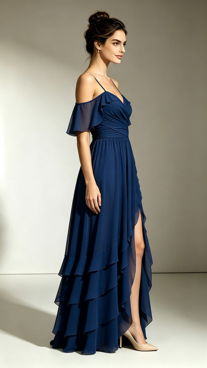 Chic A-line Navy Blue Bridesmaid Gowns Straps Chiffon Maxi Dress LFNL0729