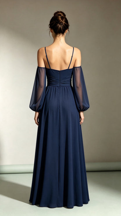 Dreamy A-line Navy Blue Bridesmaid Dress Straps Chiffon Maxi Dress LFNL0731