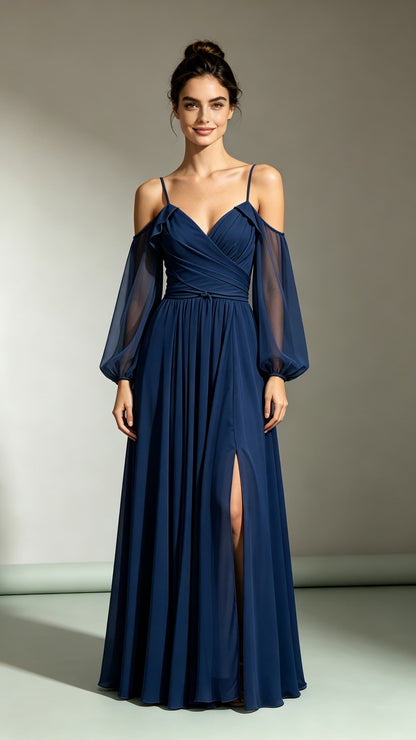 Dreamy A-line Navy Blue Bridesmaid Dress Straps Chiffon Maxi Dress LFNL0731