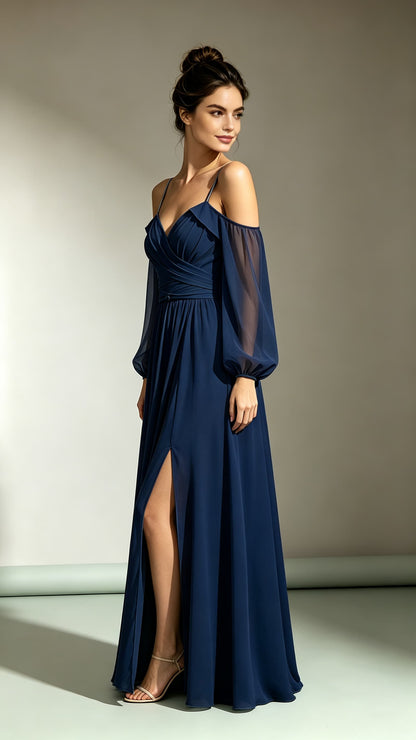 Dreamy A-line Navy Blue Bridesmaid Dress Straps Chiffon Maxi Dress LFNL0731