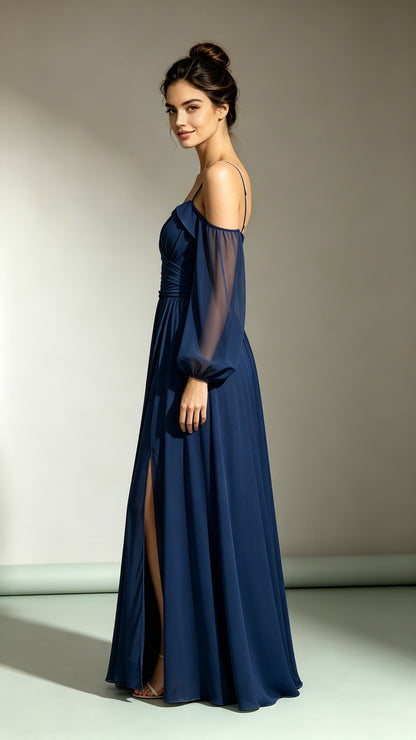 Dreamy A-line Navy Blue Bridesmaid Dress Straps Chiffon Maxi Dress LFNL0731