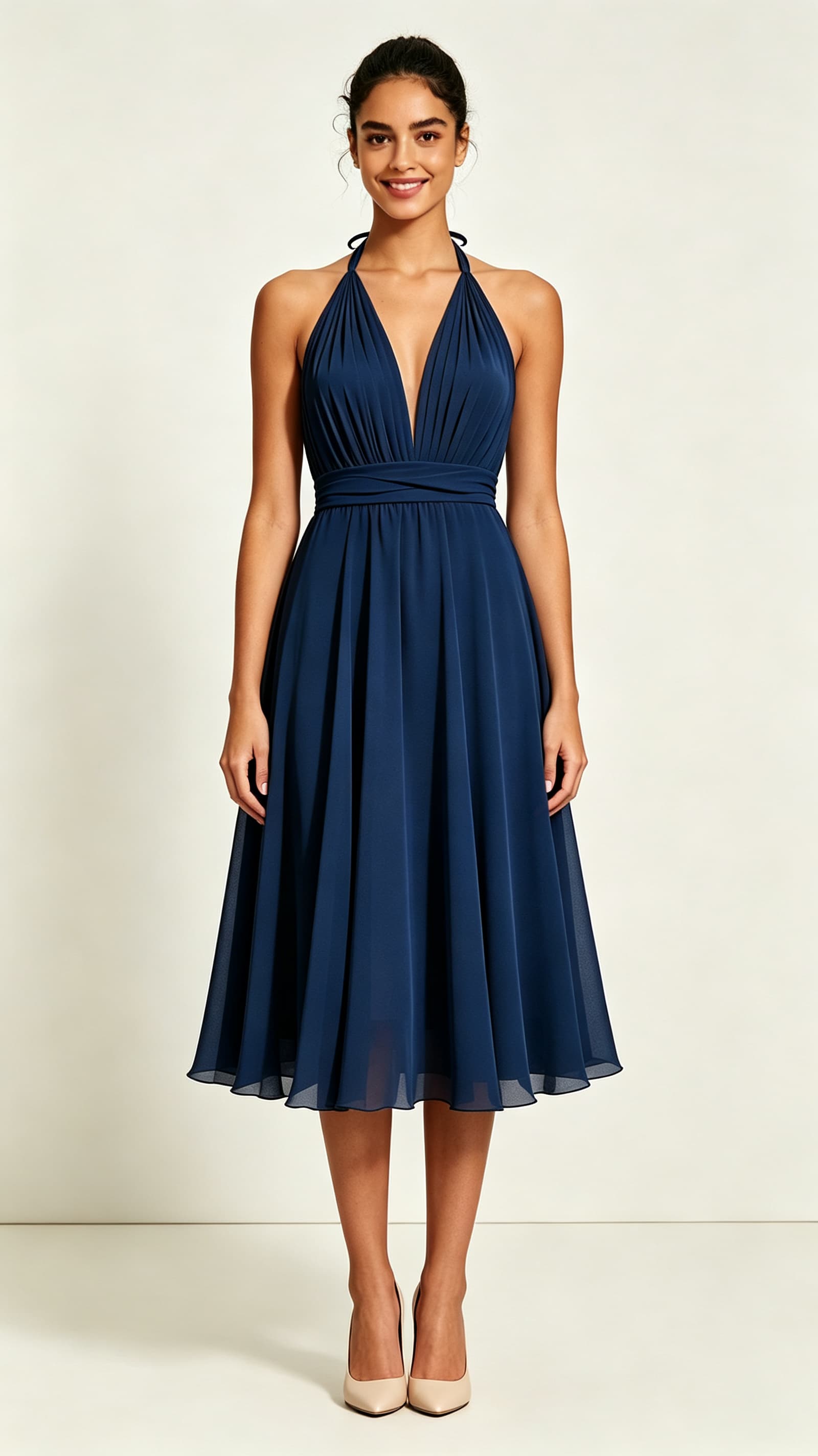 Navy blue halter A-line chiffon midi bridesmaid dress, gathered pleated deep v neck, wrapped waistband, flowy midi skirt