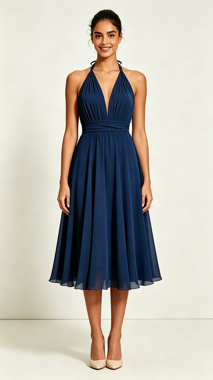 Navy blue halter A-line chiffon midi bridesmaid dress, gathered pleated deep v neck, wrapped waistband, flowy midi skirt