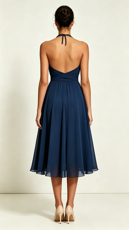 Effortless A-line Blue Bridesmaid Gowns Halter Chiffon Short Formal Dress LFNL0796