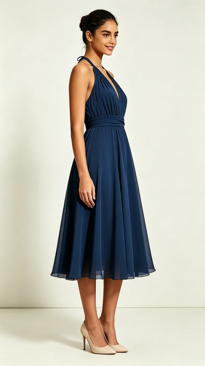 Effortless A-line Blue Bridesmaid Gowns Halter Chiffon Short Formal Dress LFNL0796