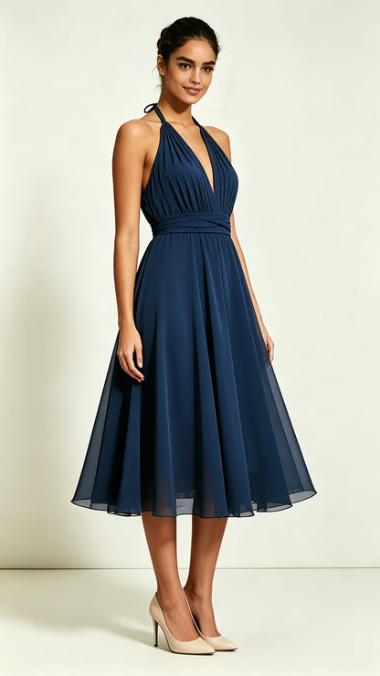 Effortless A-line Blue Bridesmaid Gowns Halter Chiffon Short Formal Dress LFNL0796