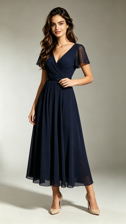 Soft A-line Blue Bridesmaid Gowns V Neck Chiffon Maxi Dress LFNL0696