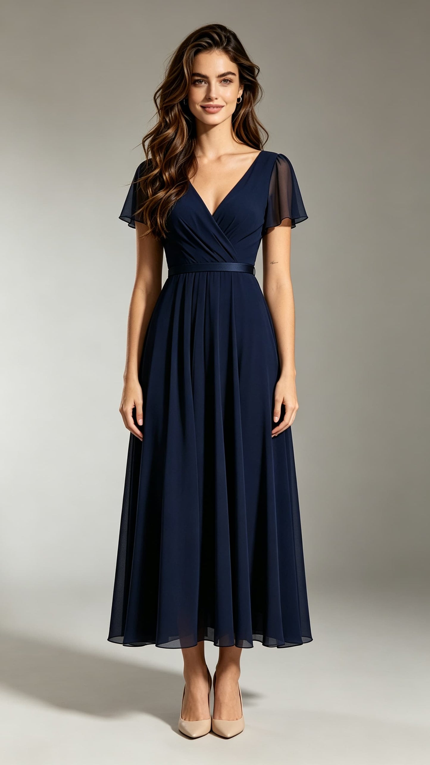 Soft A-line Blue Bridesmaid Gowns V Neck Chiffon Maxi Dress LFNL0696