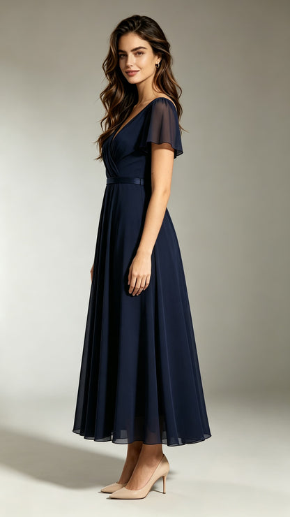 Soft A-line Blue Bridesmaid Gowns V Neck Chiffon Maxi Dress LFNL0696