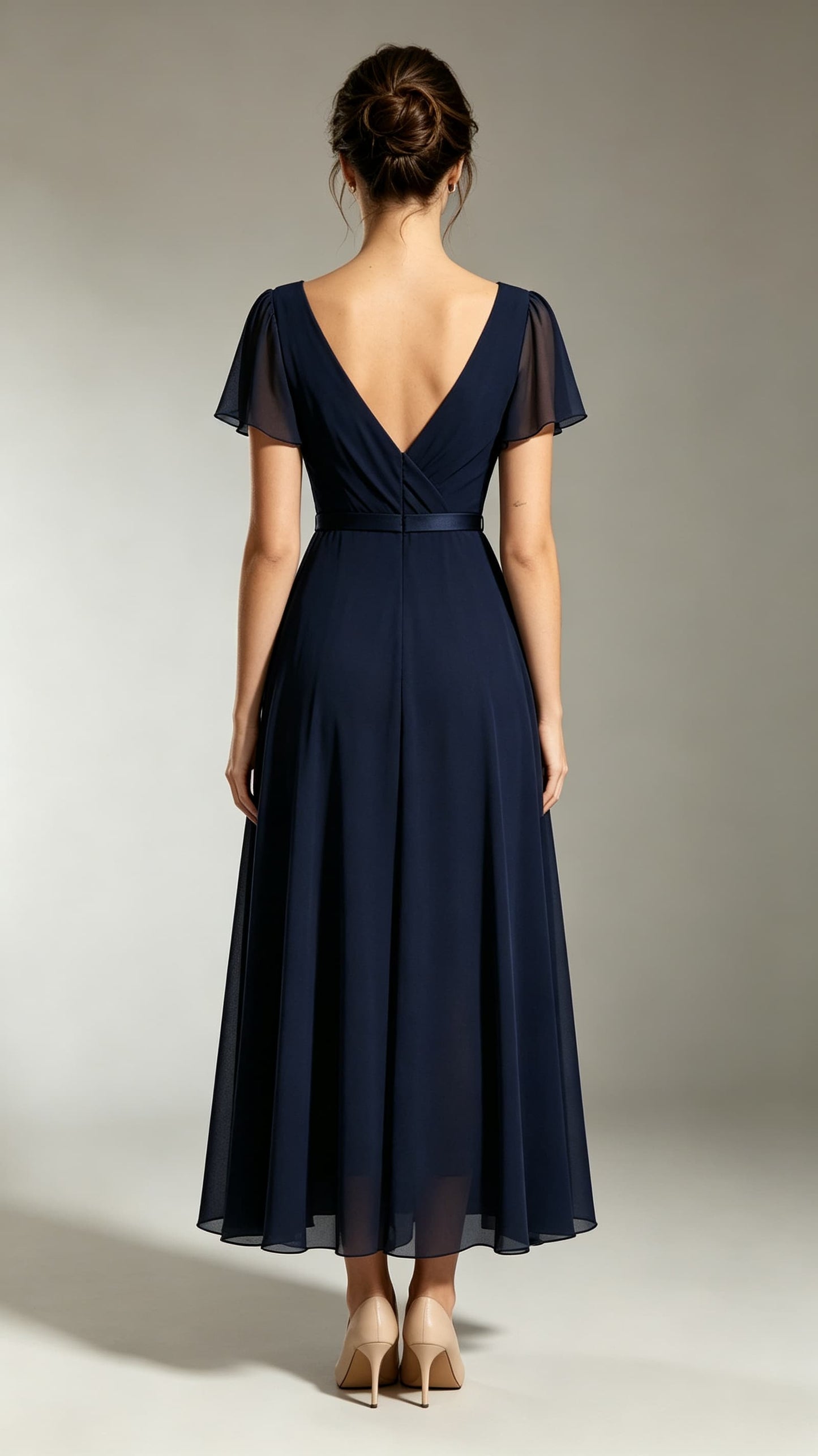 Soft A-line Blue Bridesmaid Gowns V Neck Chiffon Maxi Dress LFNL0696