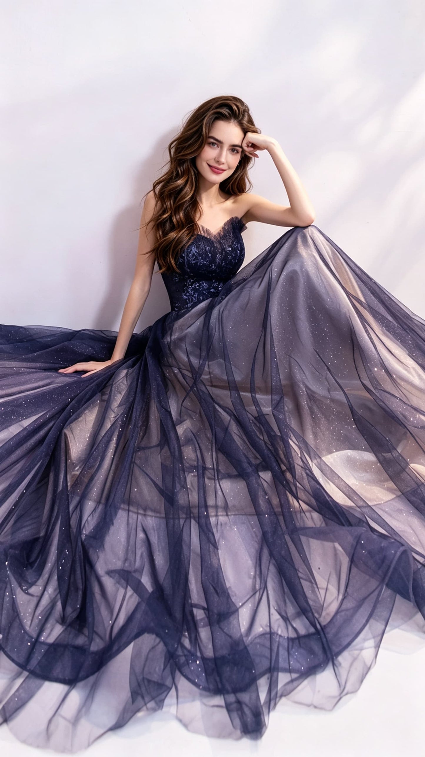 Eye-catching A-line Blue Evening Gowns Strapless Tulle Maxi Dress LFNL0691