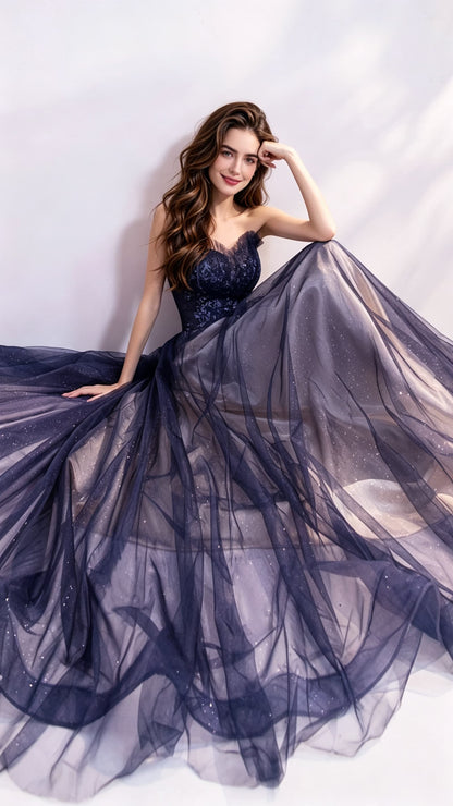 Eye-catching A-line Blue Evening Gowns Strapless Tulle Maxi Dress LFNL0691