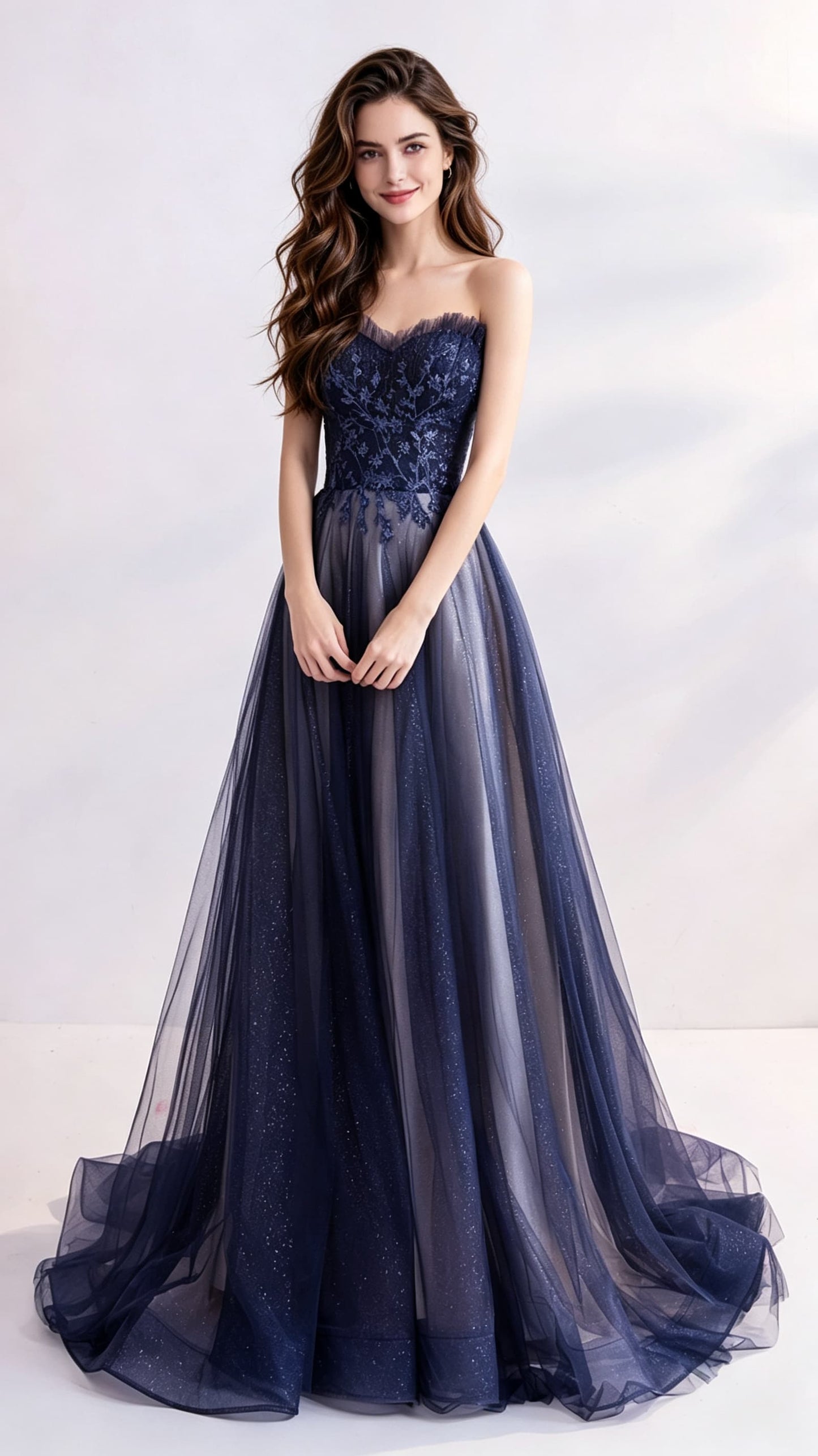 Eye-catching A-line Blue Evening Gowns Strapless Tulle Maxi Dress LFNL0691